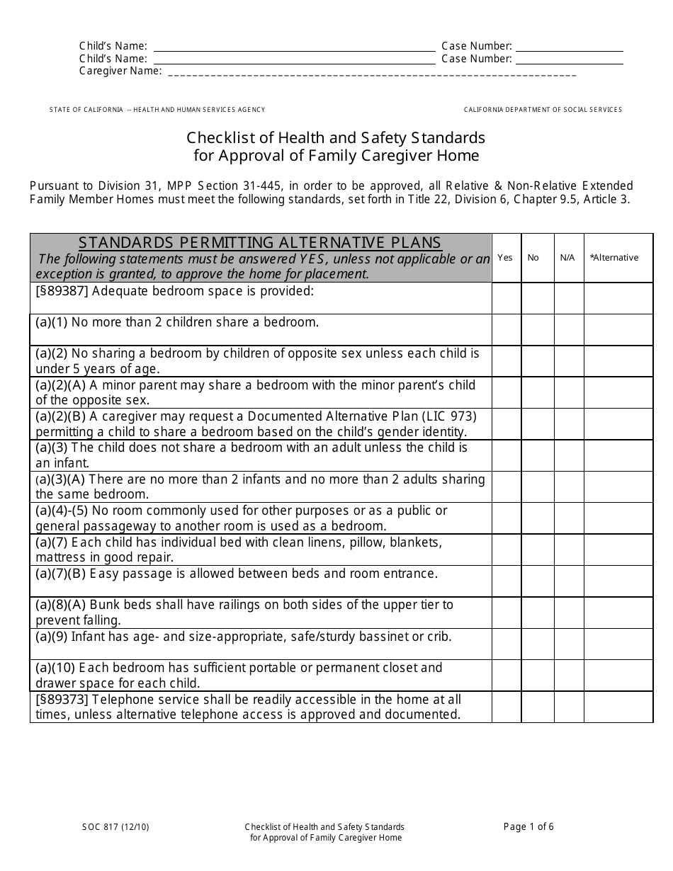 Form SOC817 Checklist of Health and Safety Standards for Approval of Family Caregiver Home - California, Page 1