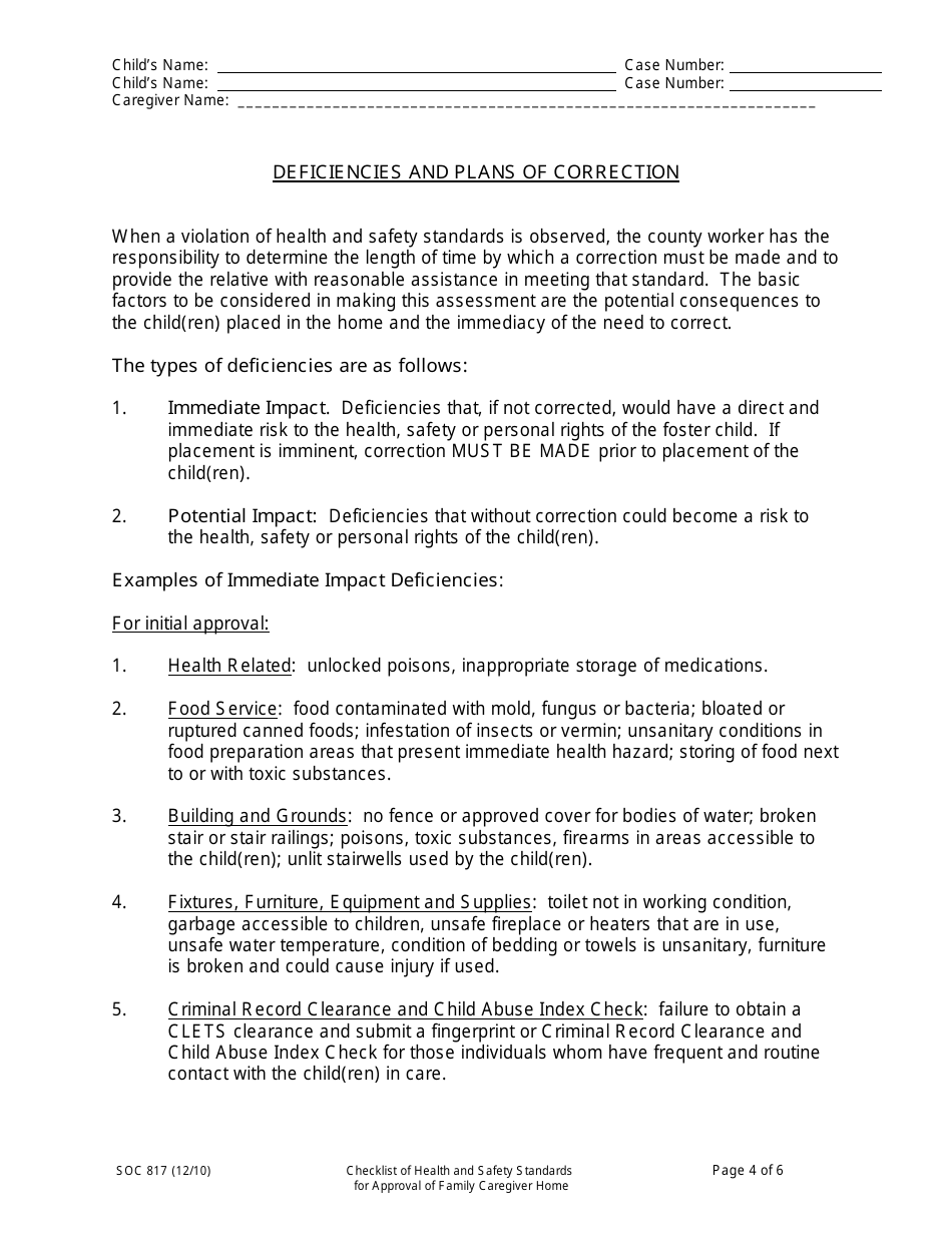 Form SOC817 Checklist of Health and Safety Standards for Approval of Family Caregiver Home - California, Page 4