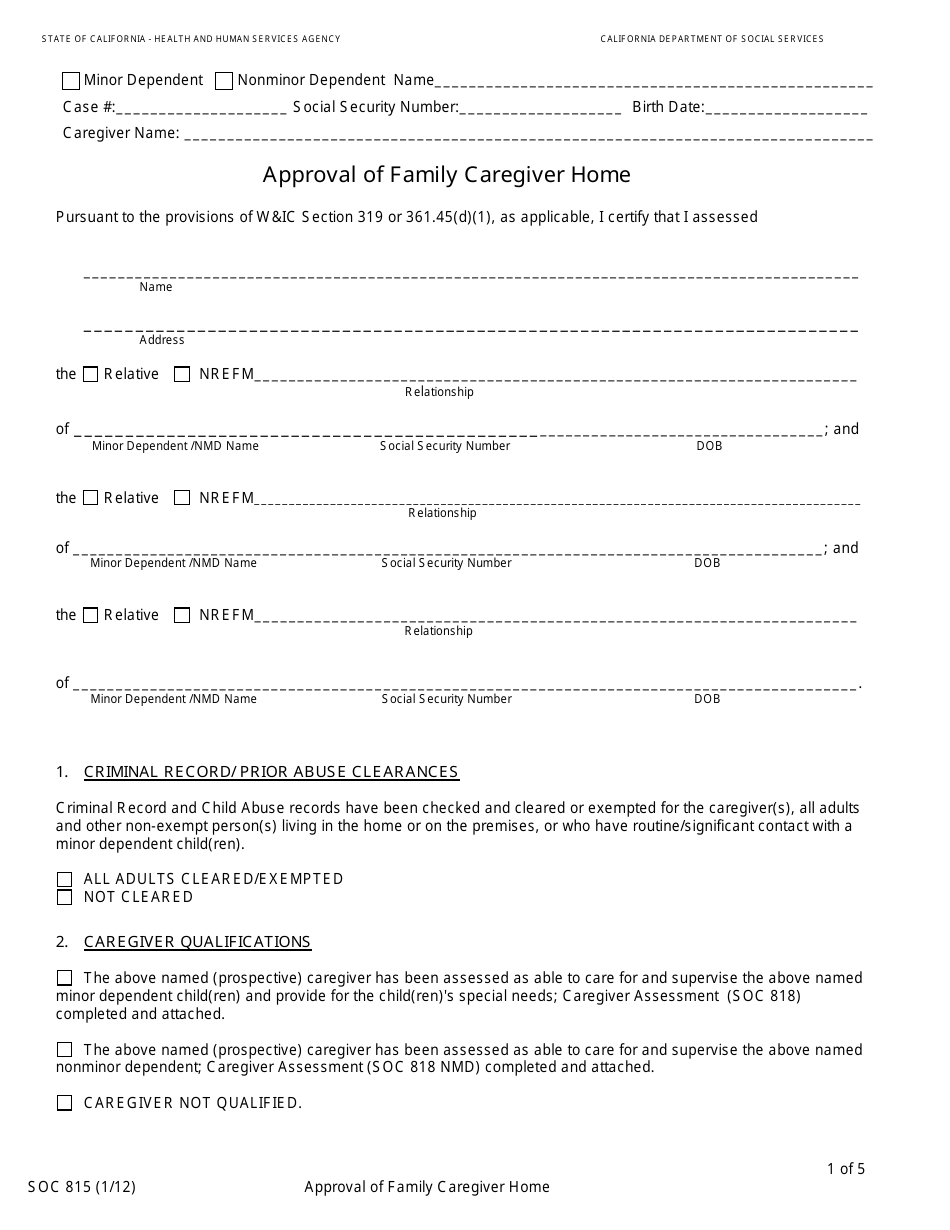 Form SOC815 Approval of Family Caregiver Home - California, Page 1