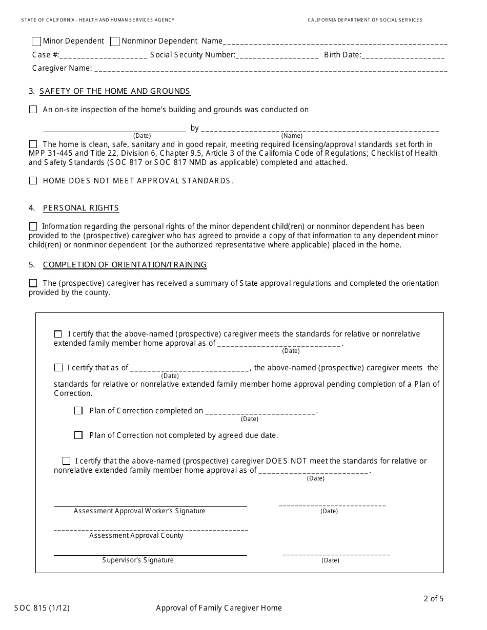 Form SOC815 Approval of Family Caregiver Home - California, Page 2