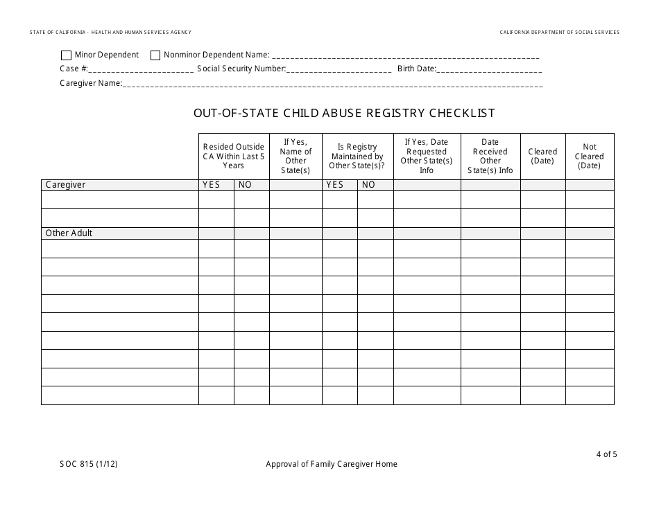 Form SOC815 Approval of Family Caregiver Home - California, Page 4
