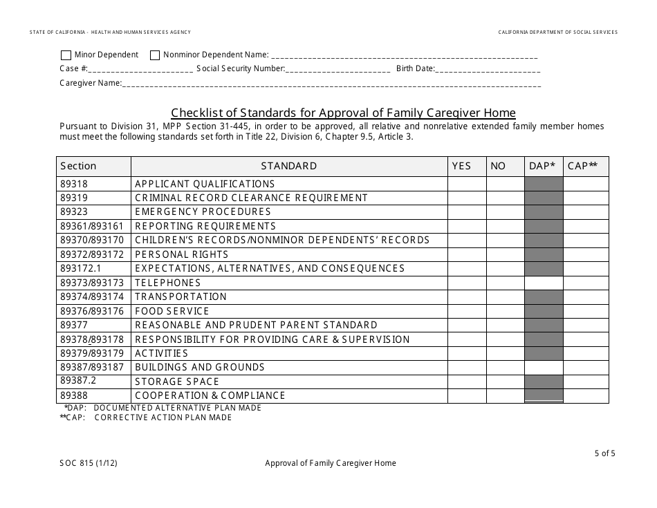 Form SOC815 Approval of Family Caregiver Home - California, Page 5