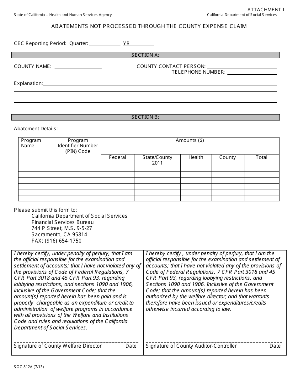 Form SOC812A Attachment I Abatements Not Processed Through the County Expense Claim - California, Page 1