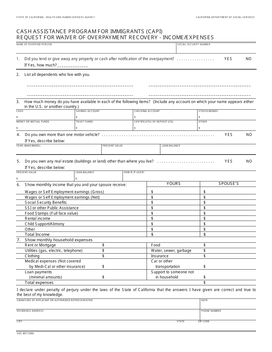 Form SOC807 Fill Out, Sign Online and Download Fillable PDF