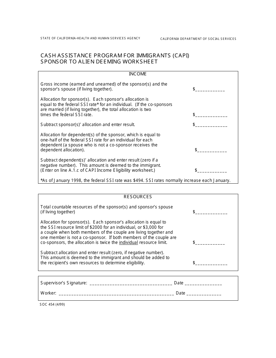 Form SOC454 Cash Assistance Program for Immigrants (Capi) Sponsor to Alien Deeming Worksheet - California, Page 1