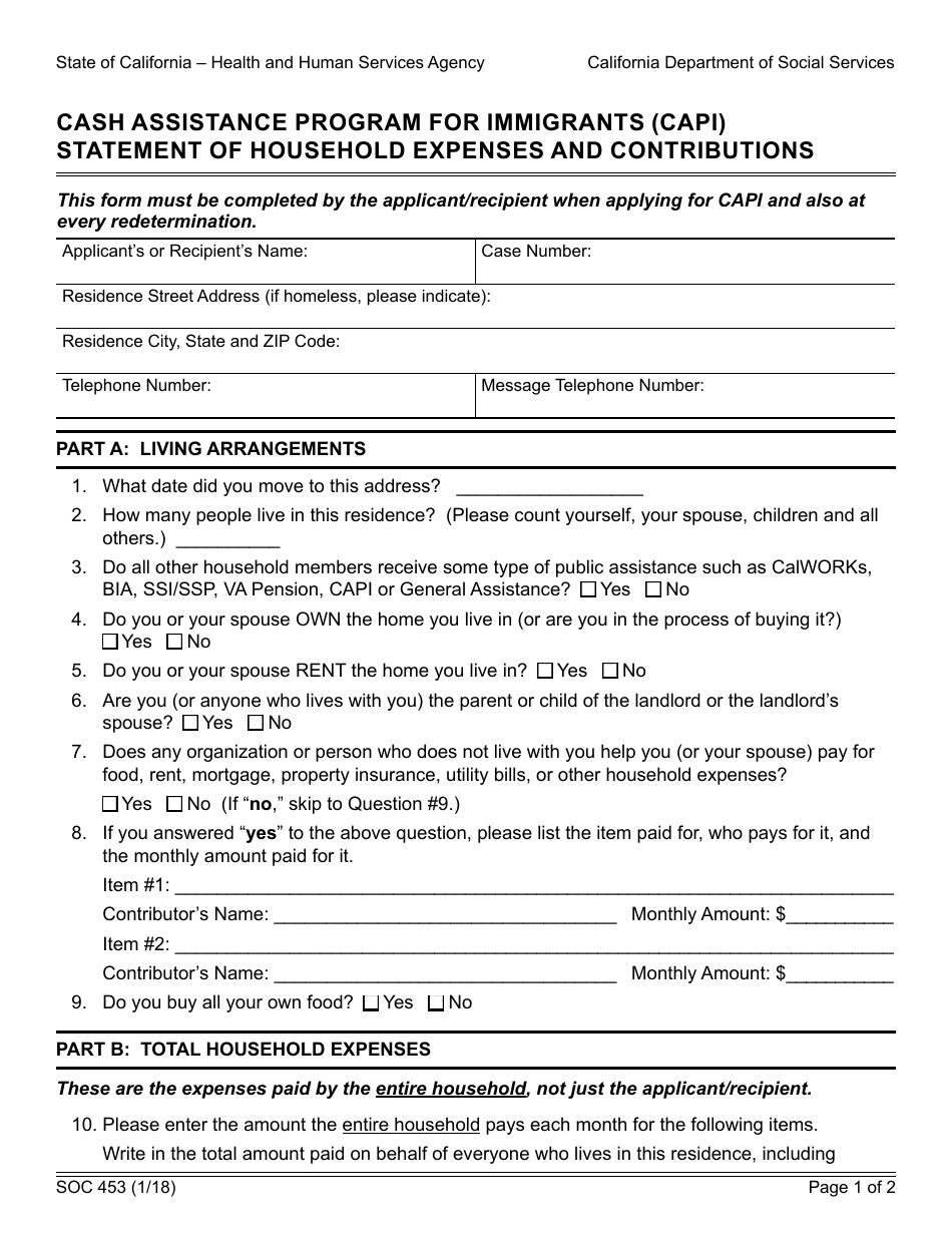 Form SOC453 Fill Out, Sign Online and Download Fillable PDF