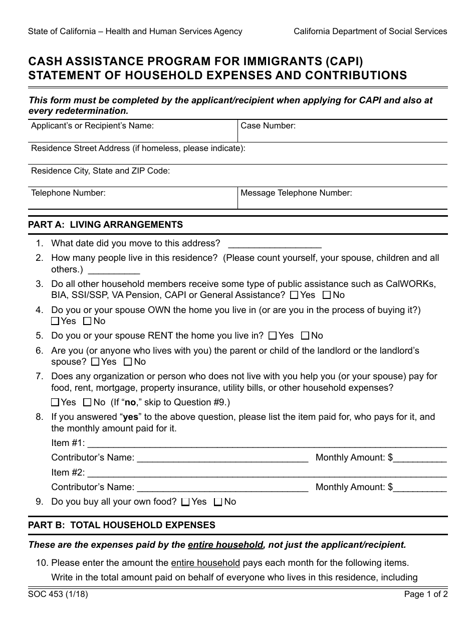Form SOC453 Cash Assistance Program for Immigrants (Capi) Statement of Household Expenses and Contributions - California, Page 1