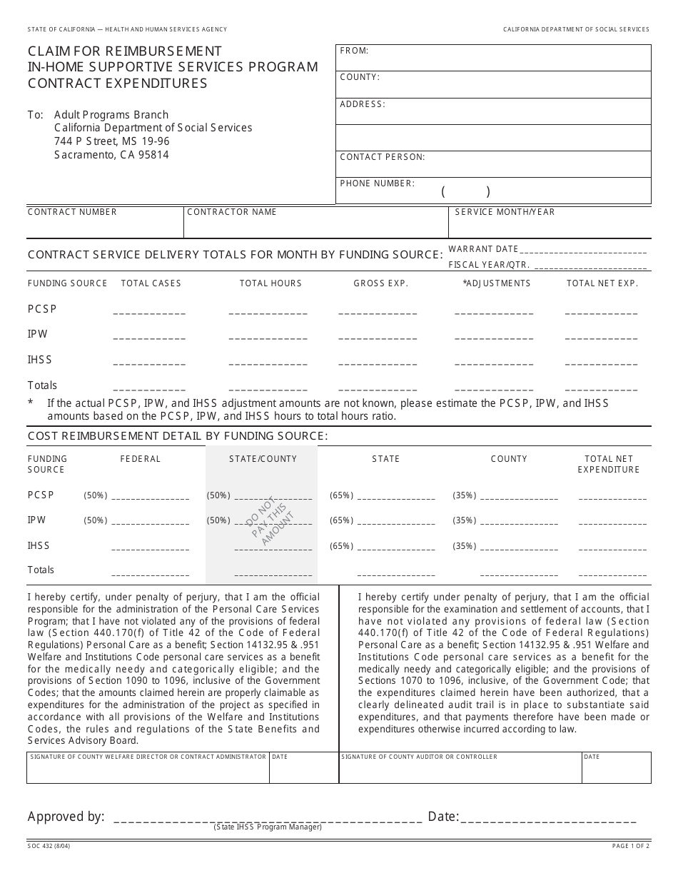 Form SOC432 Claim for Reimbursement in-Home Supportive Services Program Contract Expenditures - California, Page 1