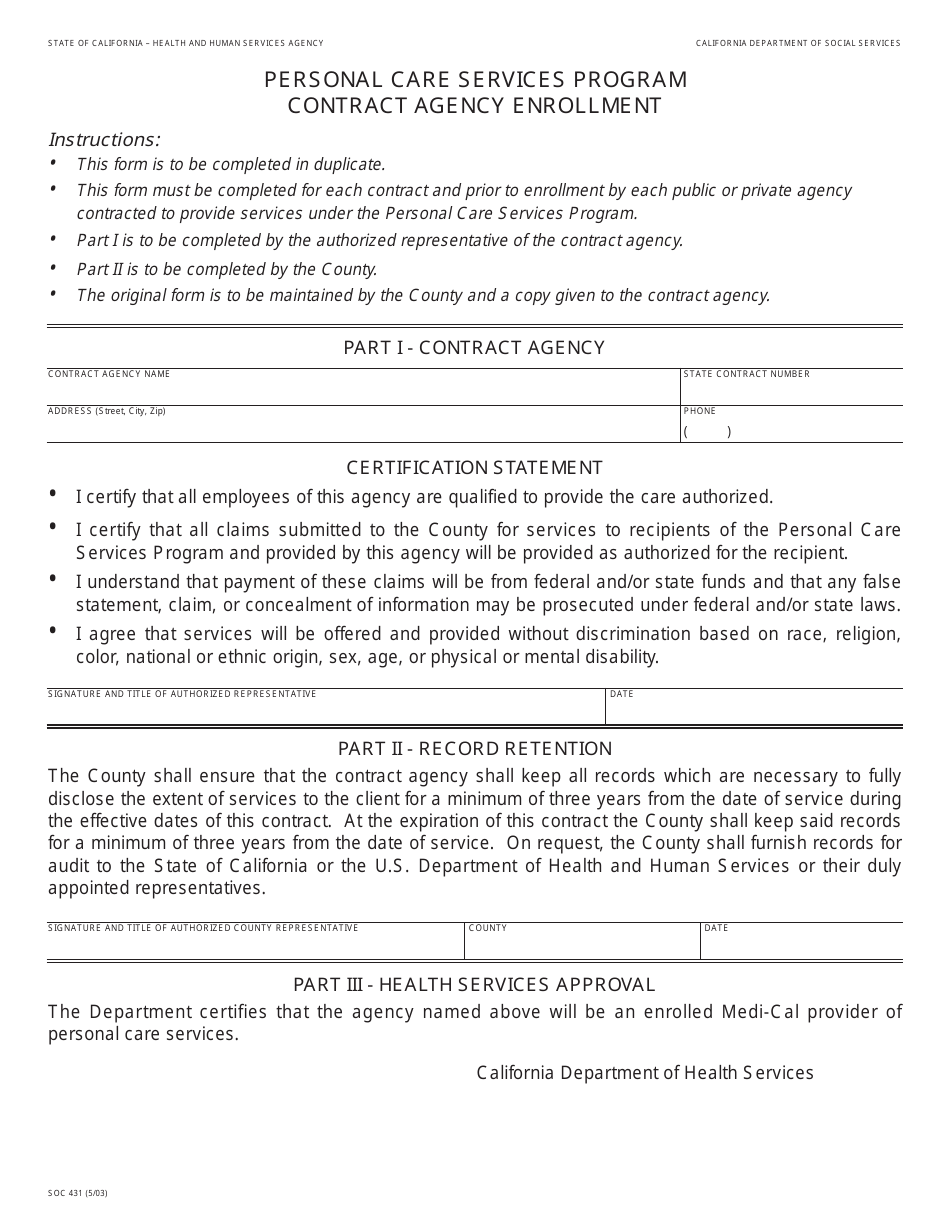 Form SOC431 Personal Care Services Program Contract Agency Enrollment - California, Page 1