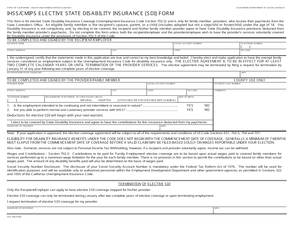 Form SOC409 Ihss / Cmips Elective State Disability Insurance (Sdi) Form - California, Page 1