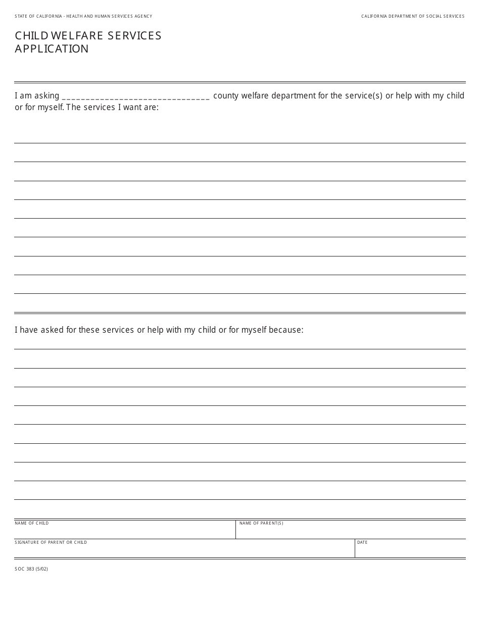 Form SOC383 Child Welfare Services Application - California, Page 1