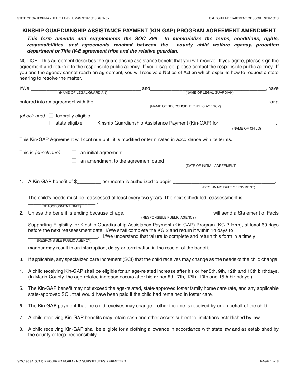 Form SOC369A Kinship Guardianship Assistance Payment (Kin-Gap) Program Agreement Amendment - California, Page 1