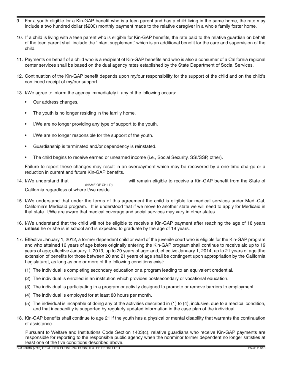 Form SOC369A Kinship Guardianship Assistance Payment (Kin-Gap) Program Agreement Amendment - California, Page 2