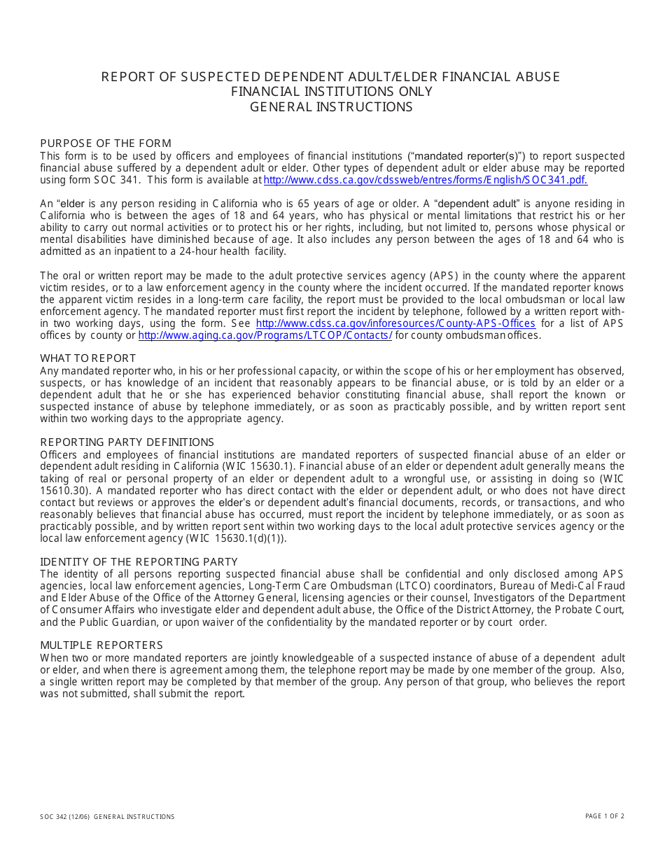 Form SOC342 Report of Suspected Dependent Adult / Elder Financial Abuse - California, Page 2