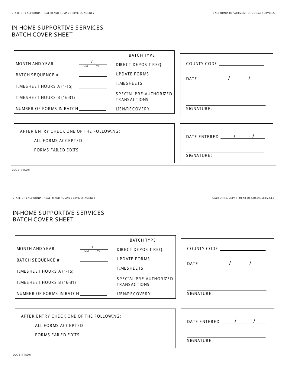Form SOC317 In-home Supportive Services Batch Cover Sheet - California, Page 1