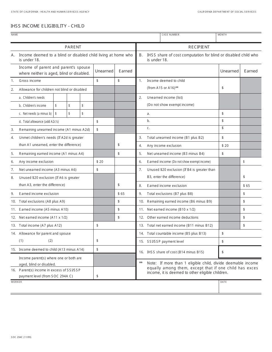Form SOC294C Ihss Income Eligibility - Child - California, Page 1