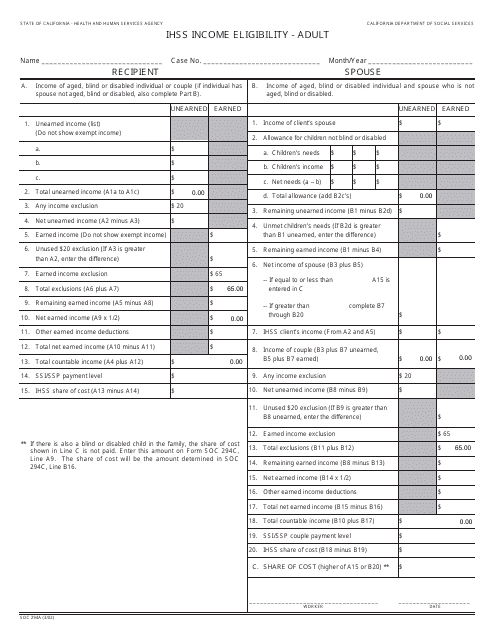 Form SOC294A Ihss Income Eligibility - Adult - California