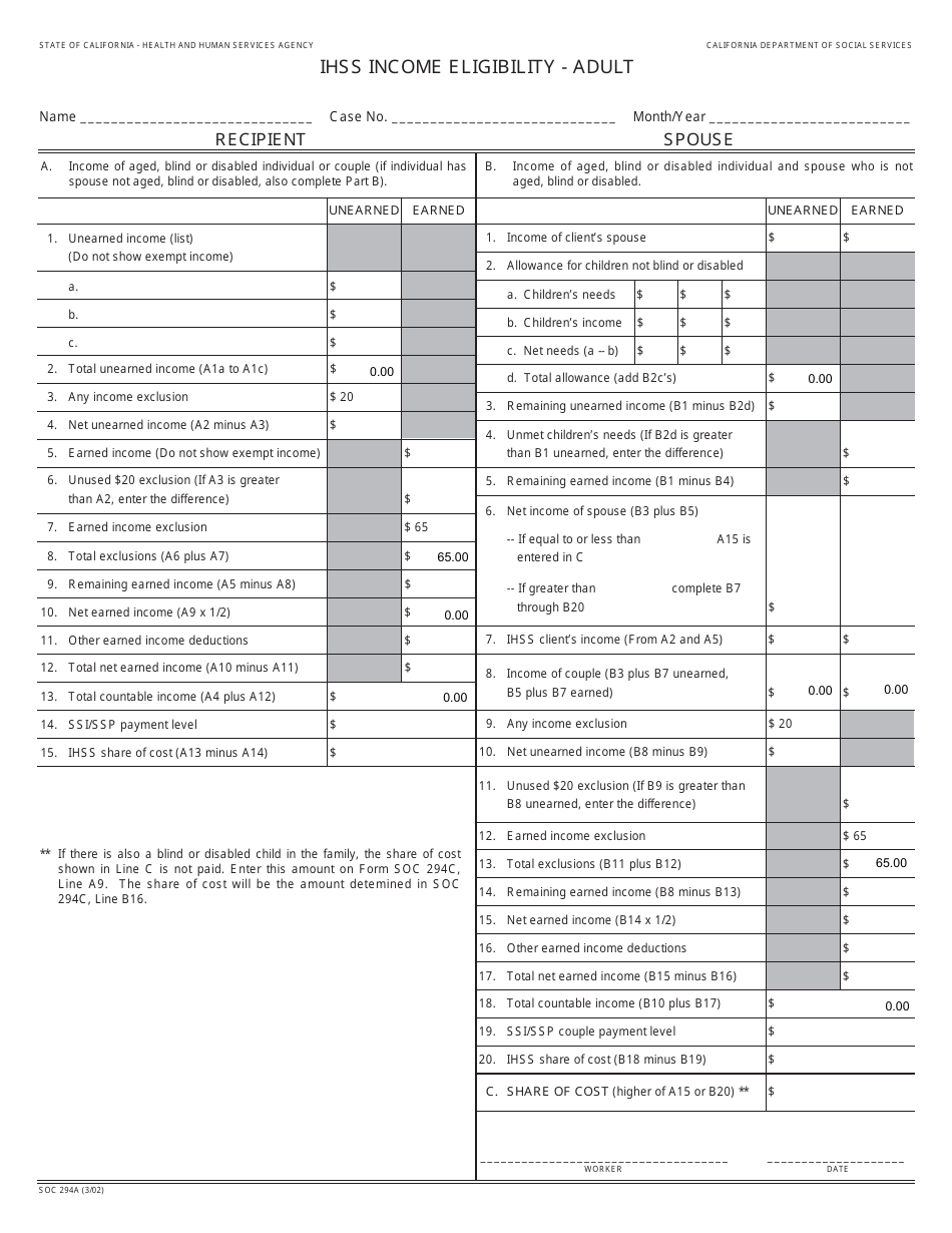 Form SOC294A Fill Out, Sign Online and Download Fillable PDF