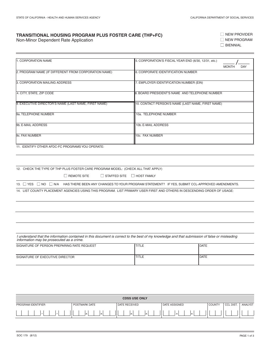 Form SOC179 Transitional Housing Program Plus Foster Care (Thp+FC) - Non-minor Dependent Rate Application - California, Page 1