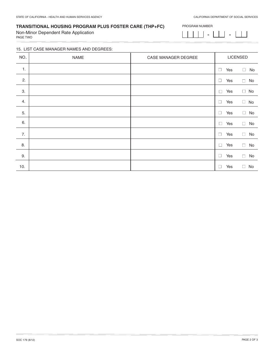 Form SOC179 Transitional Housing Program Plus Foster Care (Thp+FC) - Non-minor Dependent Rate Application - California, Page 2