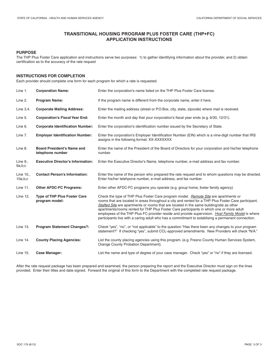 Form SOC179 Transitional Housing Program Plus Foster Care (Thp+FC) - Non-minor Dependent Rate Application - California, Page 3