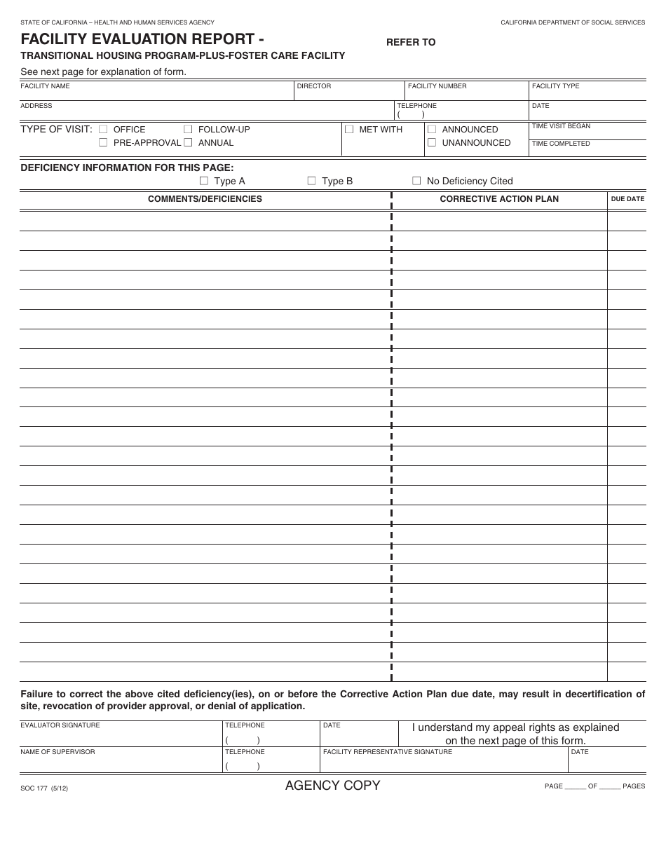 Form SOC177 Facility Evaluation Report - Transitional Housing Program-Plus-Foster Care Facility - California, Page 1