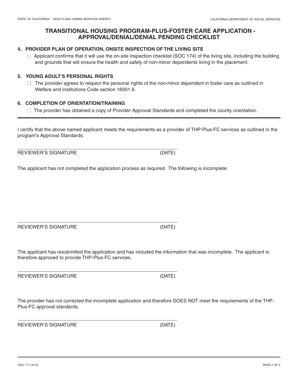 Form SOC171 Transitional Housing Program-Plus-Foster Care (Thp-Plus-FC) Application - Approval / Denial / Denial Pending Checklist - California, Page 2