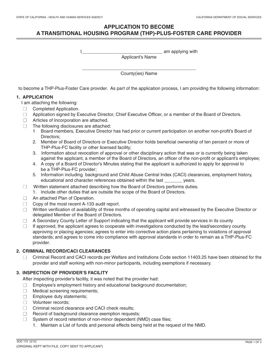 Form SOC170 Application to Become a Transitional Housing Program (Thp)-plus-Foster Care Provider - California, Page 1
