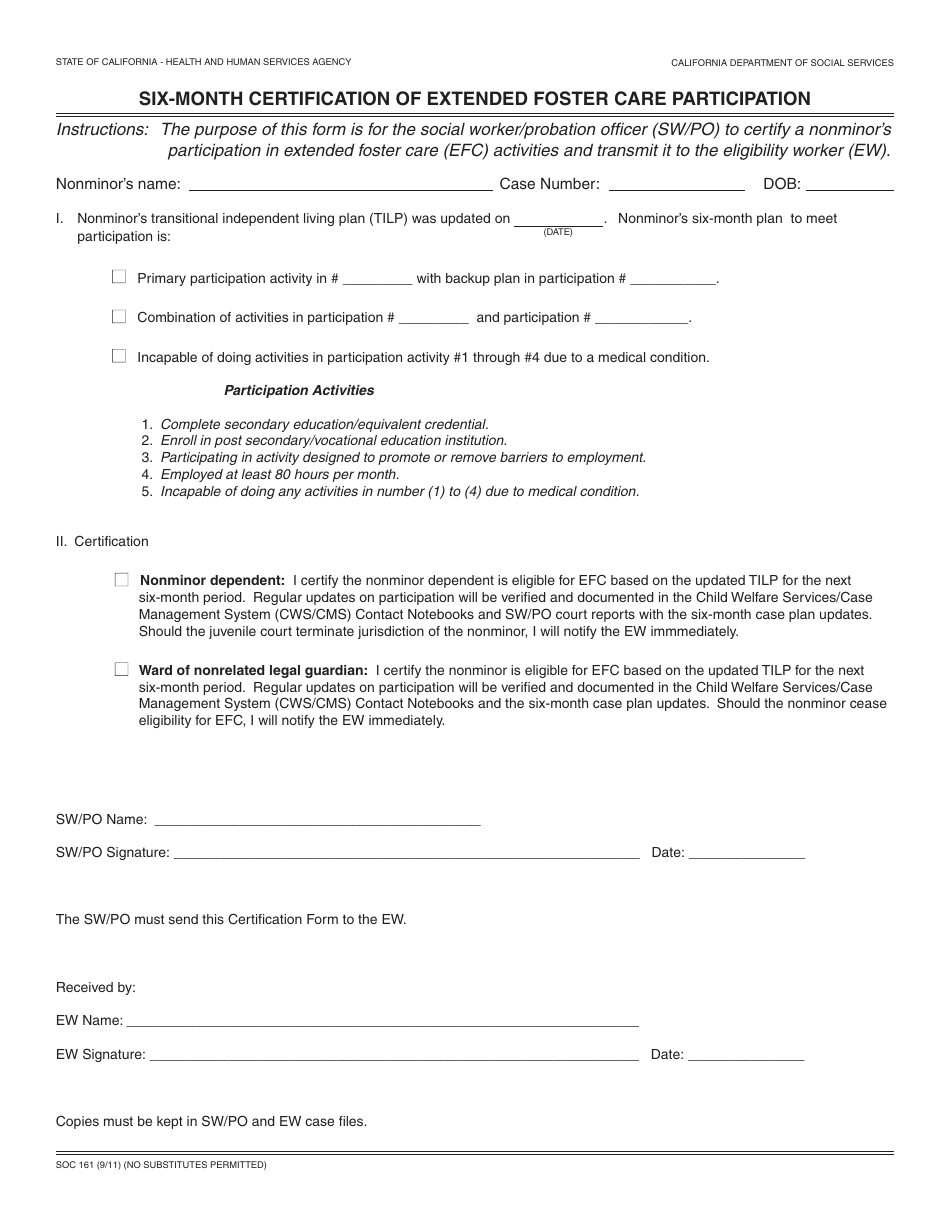 Form SOC161 Six-Month Certification of Extended Foster Care Participation - California, Page 1