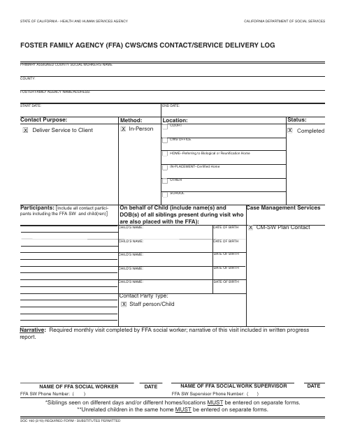 Form SOC160 Foster Family Agency (Ffa) Cws/Cms Contact/Service Delivery Log - California