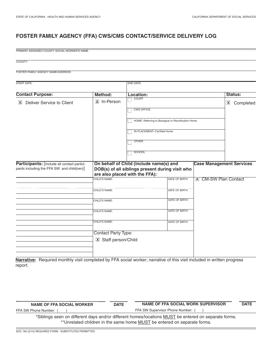 Form SOC160 Foster Family Agency (Ffa) Cws / Cms Contact / Service Delivery Log - California, Page 1