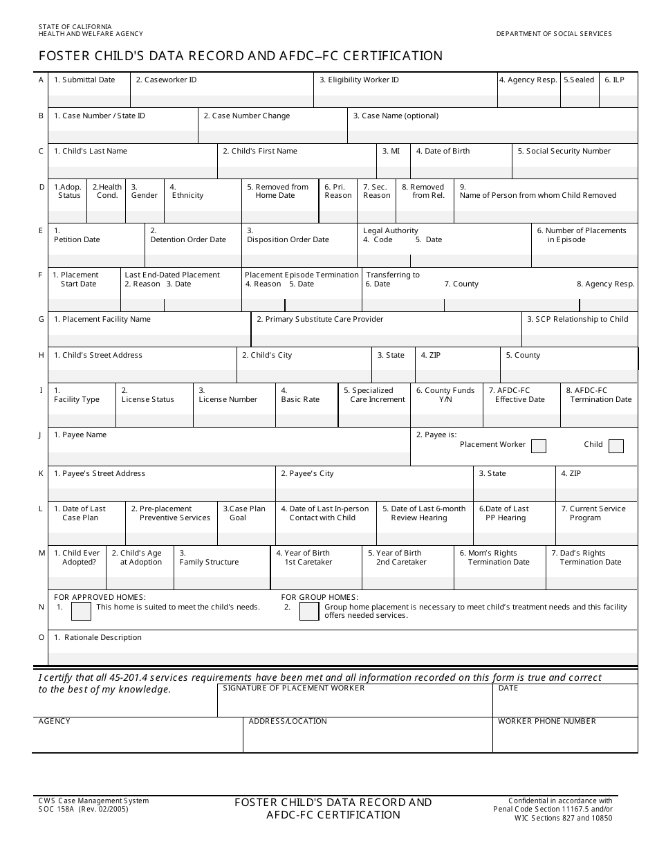 Form SOC158A Foster Childs Data Record and AFDC-FC Certification - California, Page 1