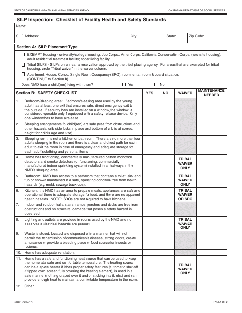 Form SOC157B Silp Inspection: Checklist of Facility Health and Safety Standards - California