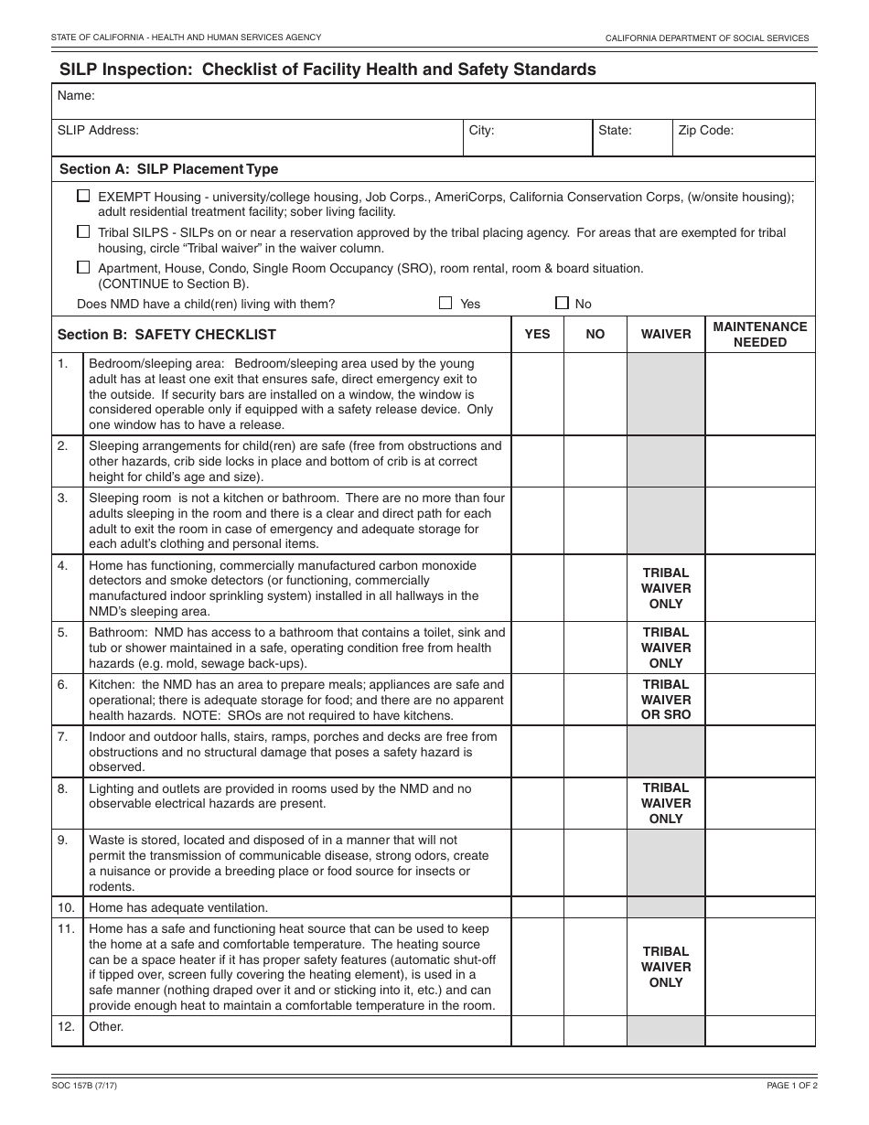Form SOC157B Silp Inspection: Checklist of Facility Health and Safety Standards - California, Page 1