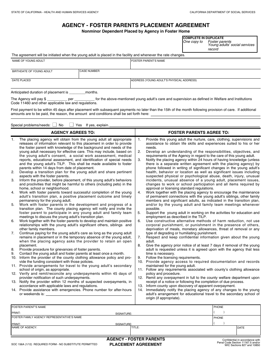 Form SOC156A Agency - Foster Parents Placement Agreement Nonminor Dependent Placed by Agency in Foster Home - California, Page 1