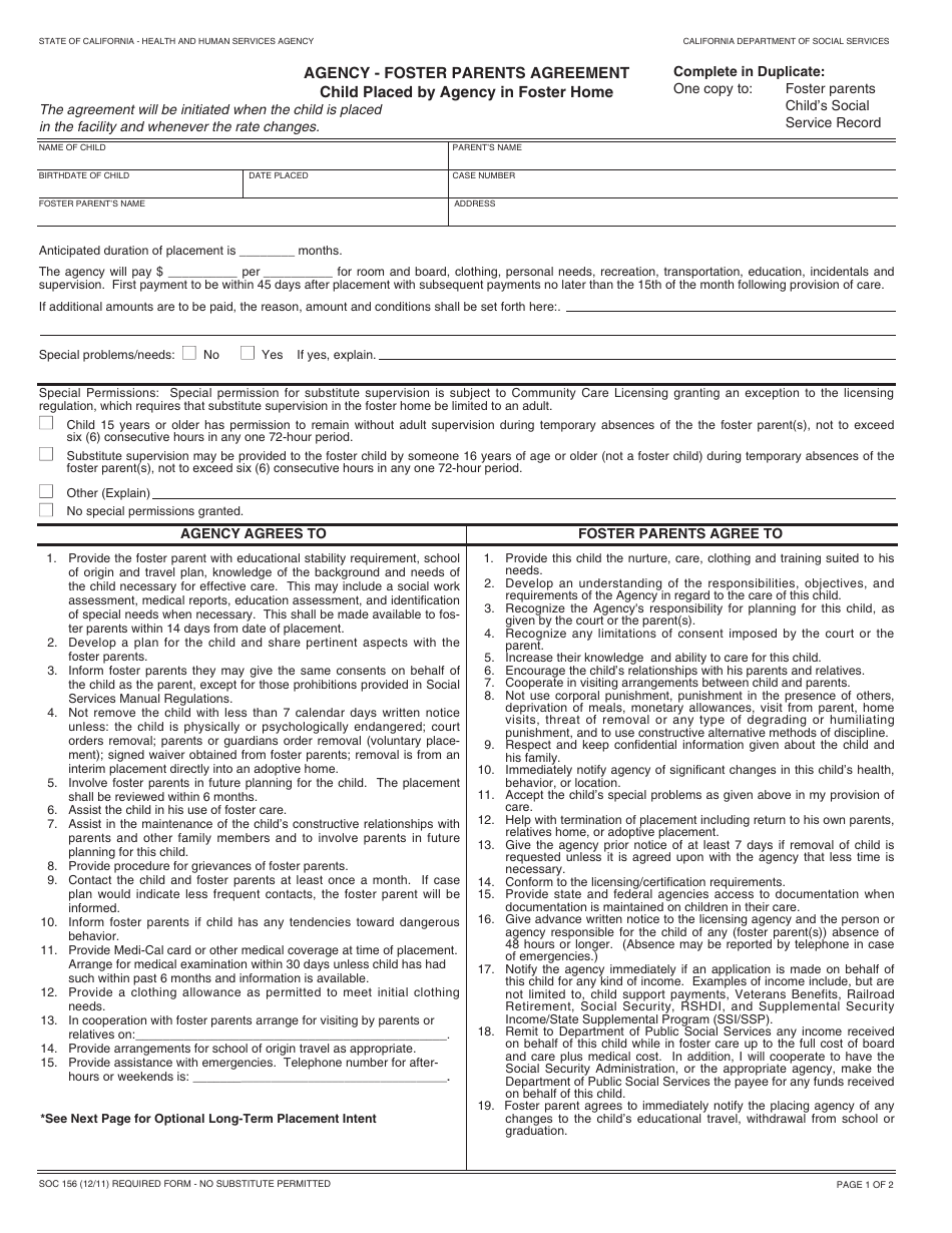 Form SOC156 Agency - Foster Parents Agreement - Child Placed by Agency in Foster Home - California, Page 1