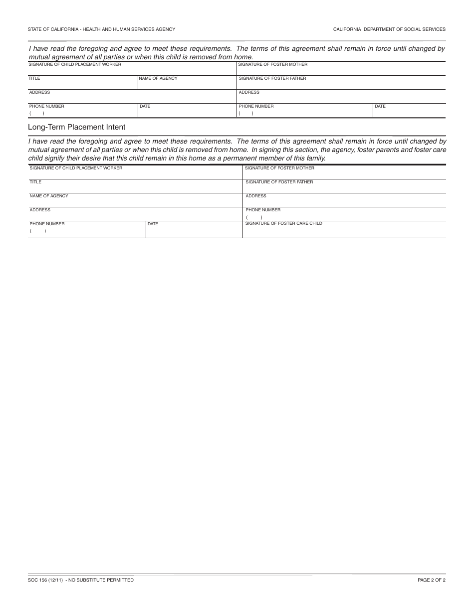 Form SOC156 Agency - Foster Parents Agreement - Child Placed by Agency in Foster Home - California, Page 2