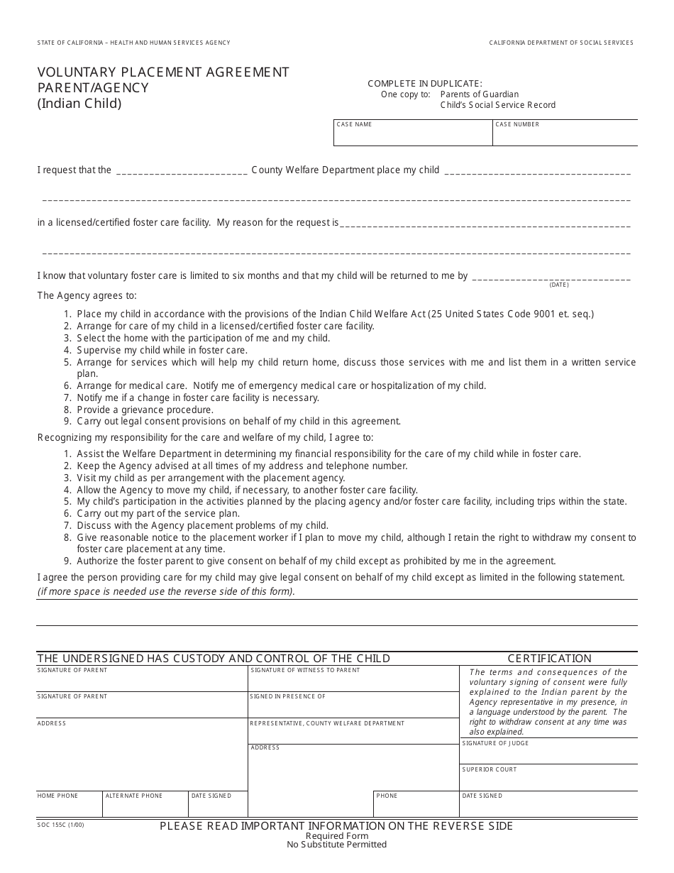 Form SOC155C Voluntary Placement Agreement Parent / Agency (Indian Child) - California, Page 1