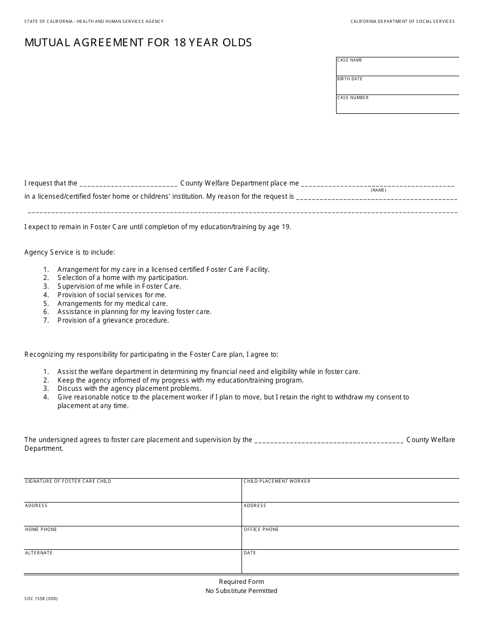 Form SOC155B Mutual Agreement for 18 Year Olds - California, Page 1
