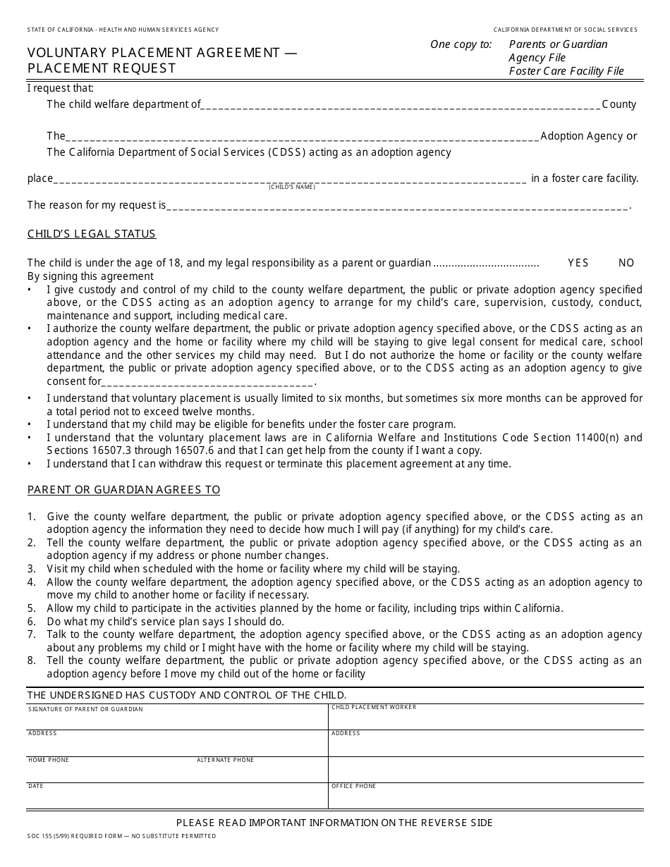 Form SOC155 Voluntary Placement Agreement - Placement Request - California, Page 1