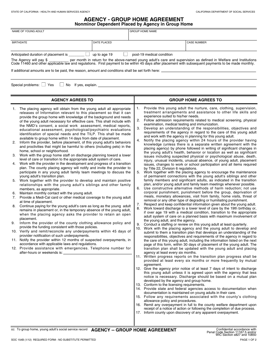 Form SOC154B Agency - Group Home Agreement Nonminor Dependent Placed by Agency in Group Home - California, Page 1