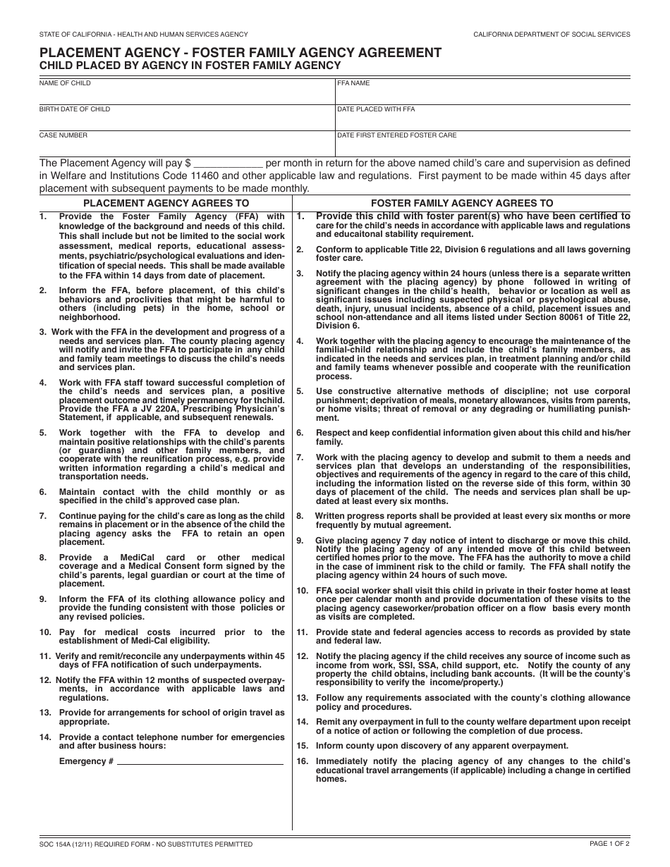 Form SOC154A Placement Agency - Foster Family Agency Agreement - Child Placed by Agency in Foster Family Agency - California, Page 1