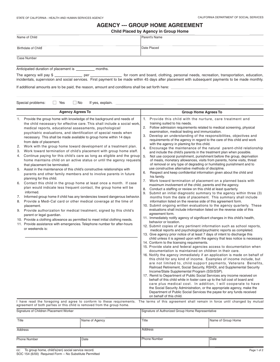 Form SOC154 Agency - Group Home Agreement - California, Page 1