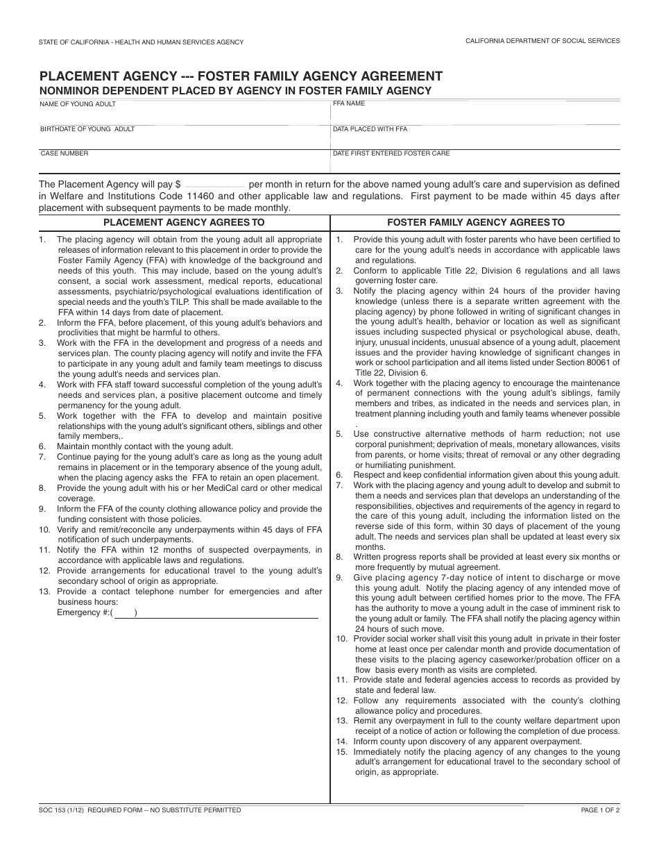 Form SOC153 Placement Agency - Foster Family Agency Agreement - California, Page 1