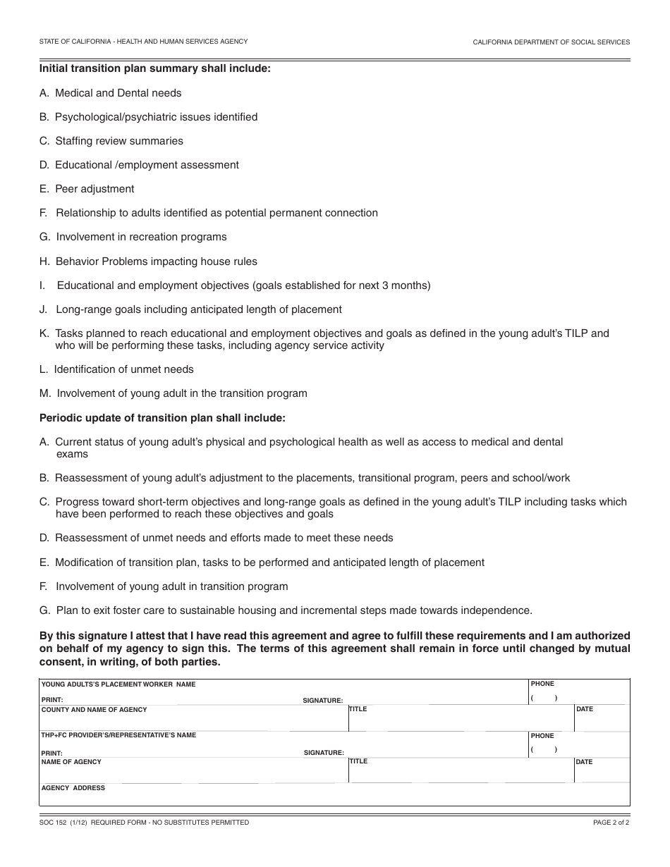 Form SOC152 Placement Agency - Thp Plus Foster Care Provider Agreement - Nonminor Dependent Placed by Agency in Thp Plus Foster Care Provider - California, Page 2