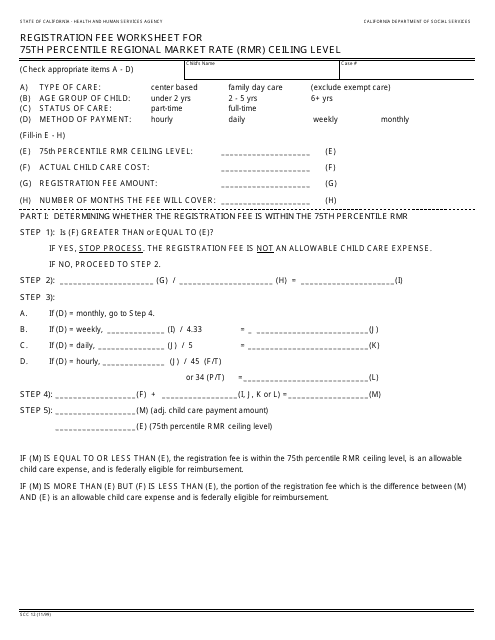 Form SCC12 Registration Fee Worksheet for 75th Percentile Regional Market Rate (Rmr) Ceiling Level - California