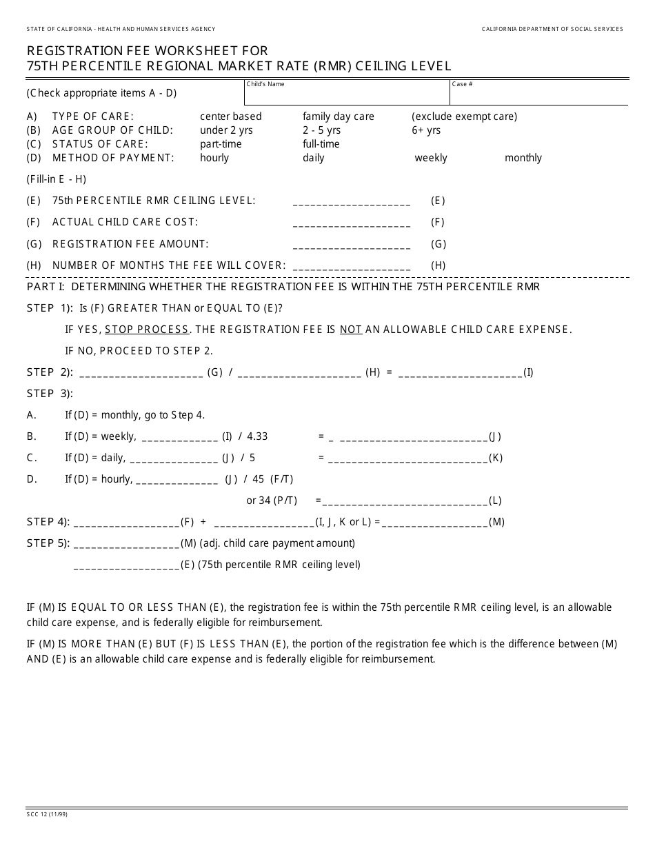 Form SCC12 Registration Fee Worksheet for 75th Percentile Regional Market Rate (Rmr) Ceiling Level - California, Page 1