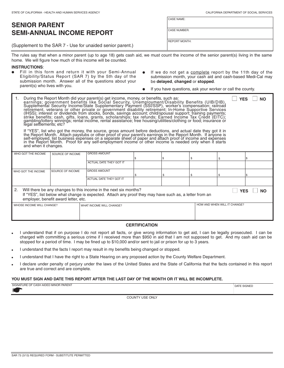 Form SAR73 Senior Parent Semi-annual Income Report - California, Page 1