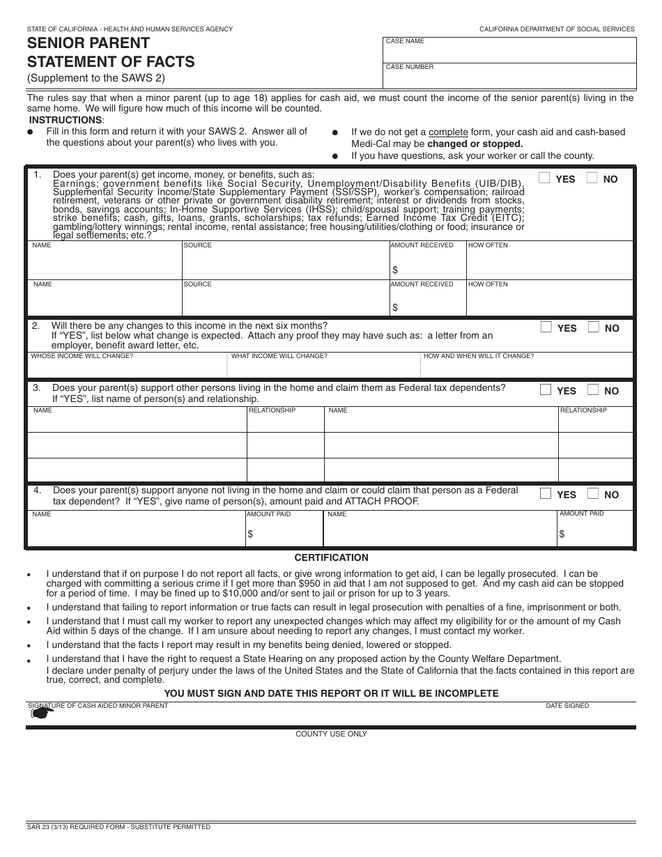Form SAR23 Senior Parent Statement of Facts - California, Page 1