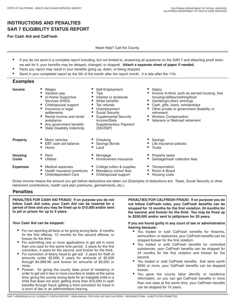 Instructions for Form SAR7 Eligibility Status Report for Cash Aid and Calfresh - California, Page 1